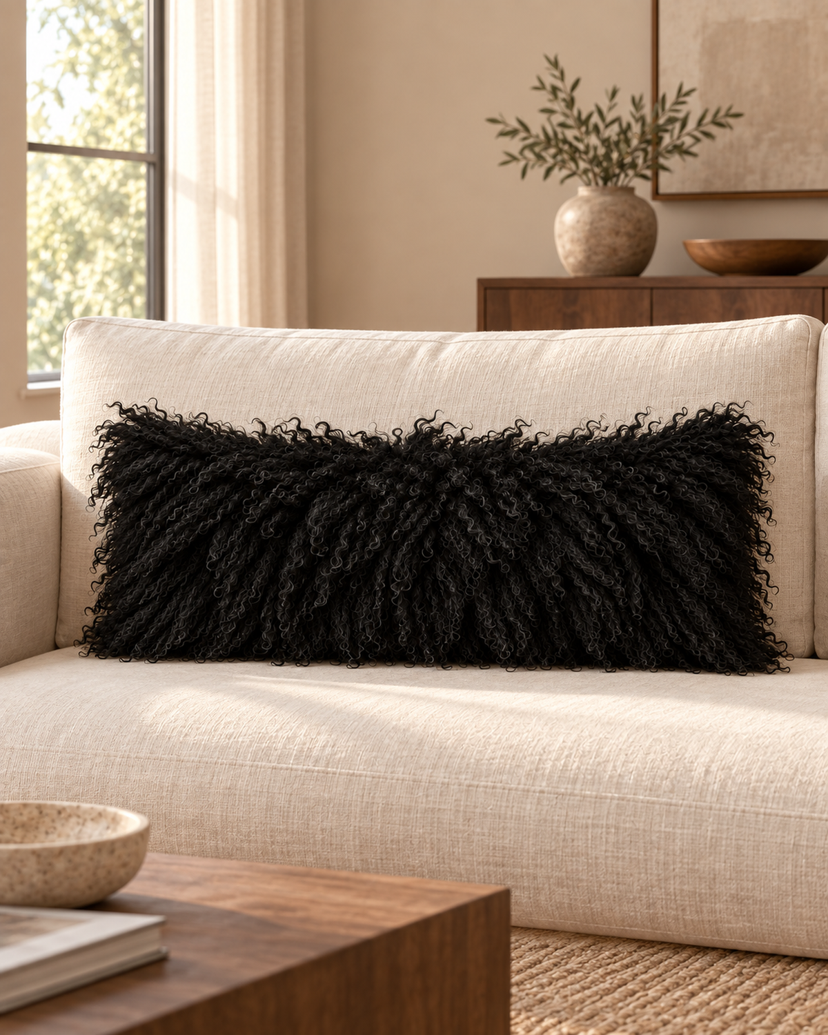 Black Mongolian sheepskin cushion 12 x 32 inches on sofa