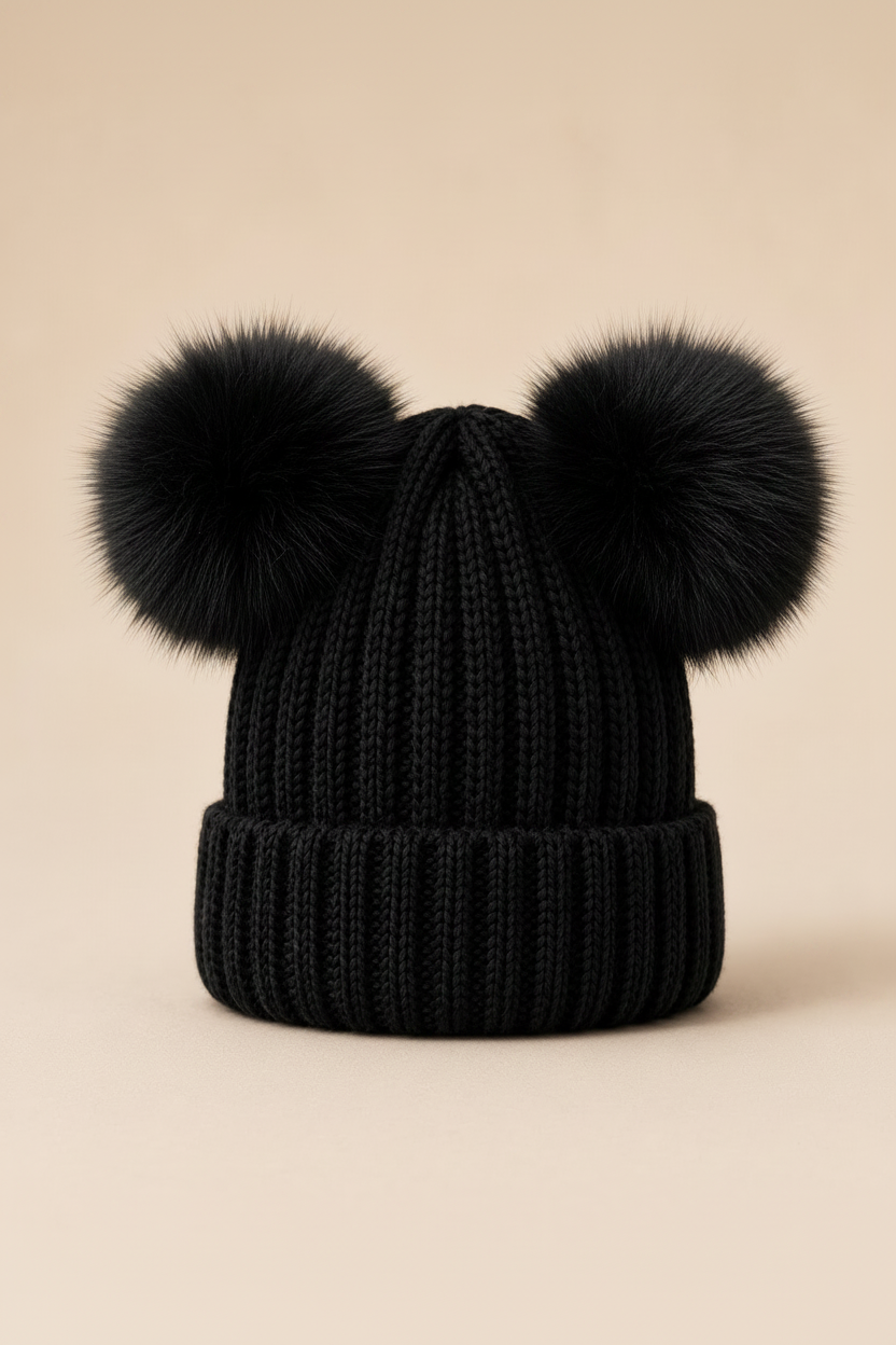 Woolsy Kids Knitted Double Pom Pom Hat - Black on Black