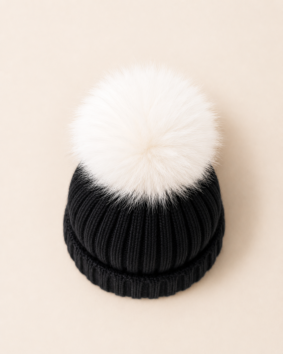 Woolsy Knitted Pompom Hat - Black with White Fox Pompom