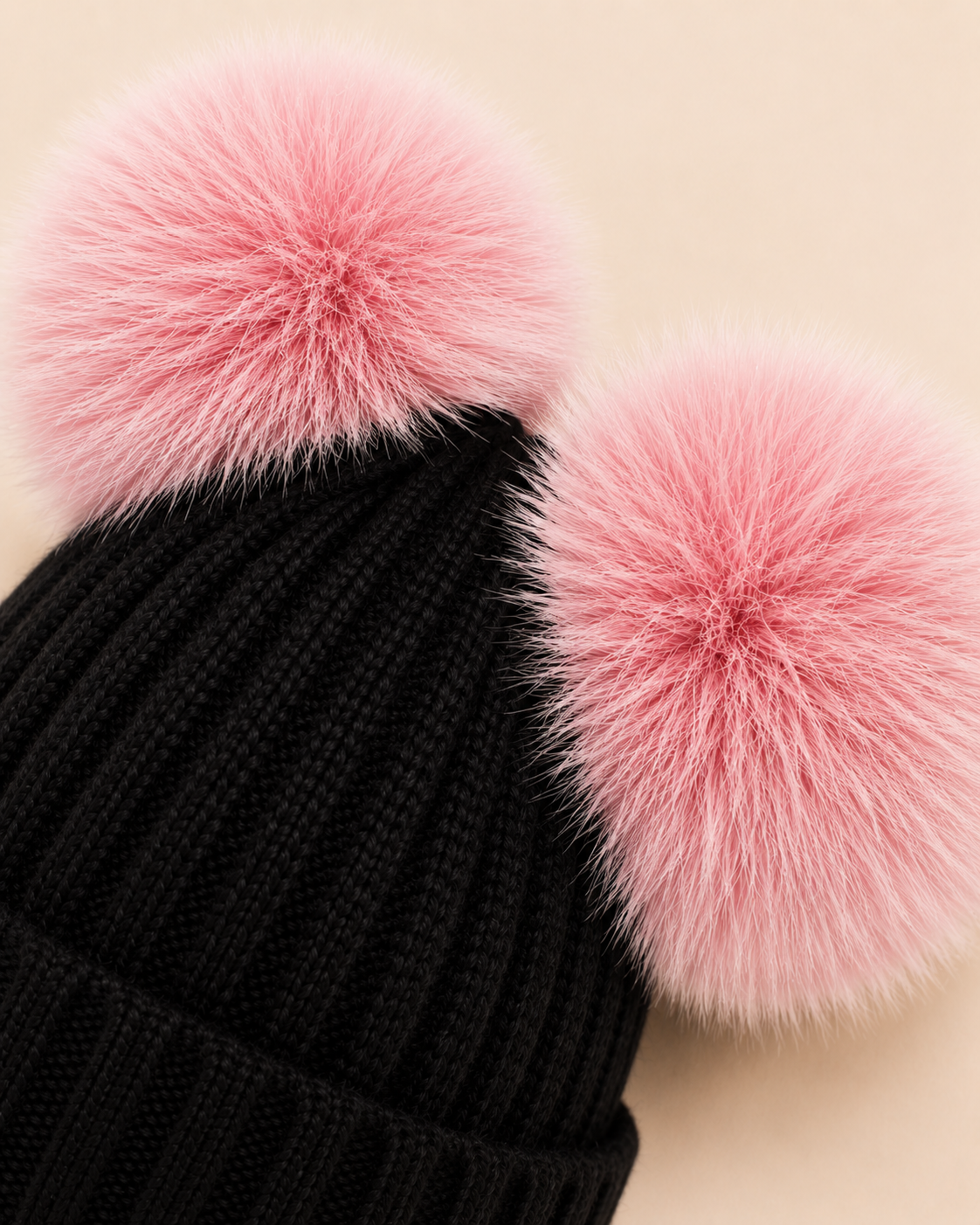 Woolsy Kids Knitted Double Pom Pom Hat - Black with Light Pink Pompoms
