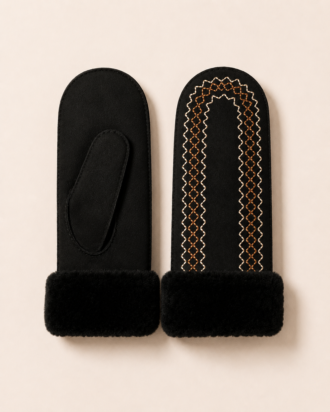 Woolsy Embroidery Mittens in Black