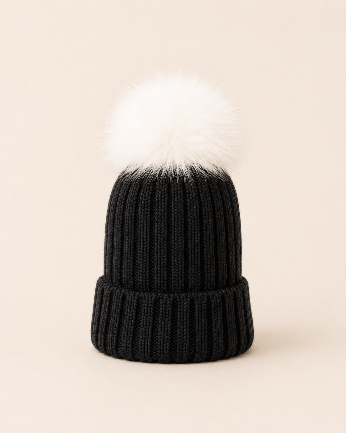 Woolsy Knitted Pompom Hat - Black with White Fox Pompom