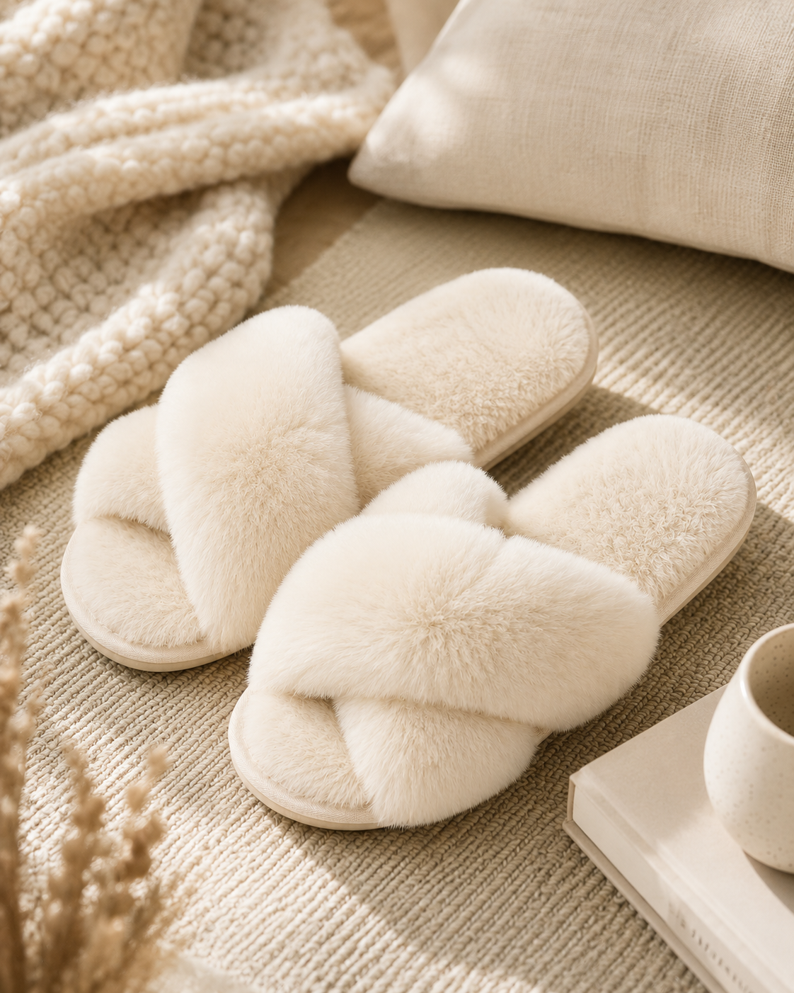 Woolsy Crossover Shearling Slippers in Ivory or Black