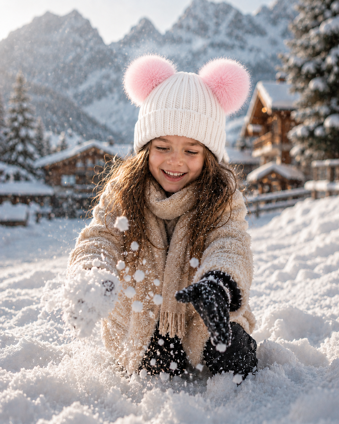 Woolsy Toddler / Kids Knitted Double Pom Pom Hat - White with Light Pink