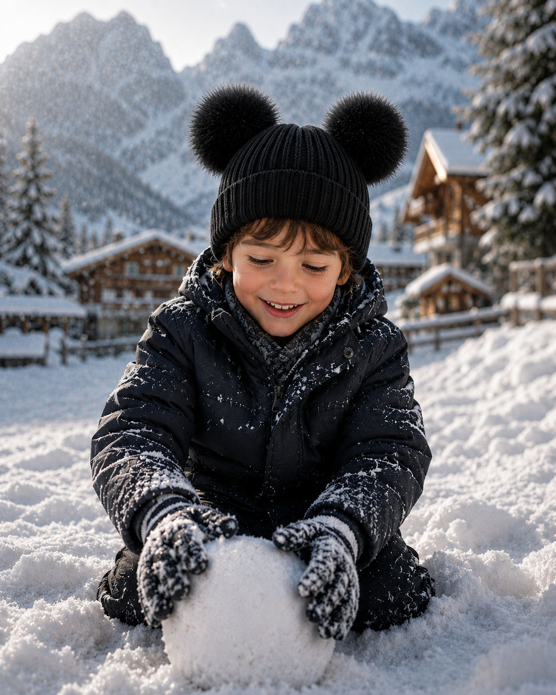 Woolsy Toddler / Kids Knitted Double Pom Pom Hat - Black with Black