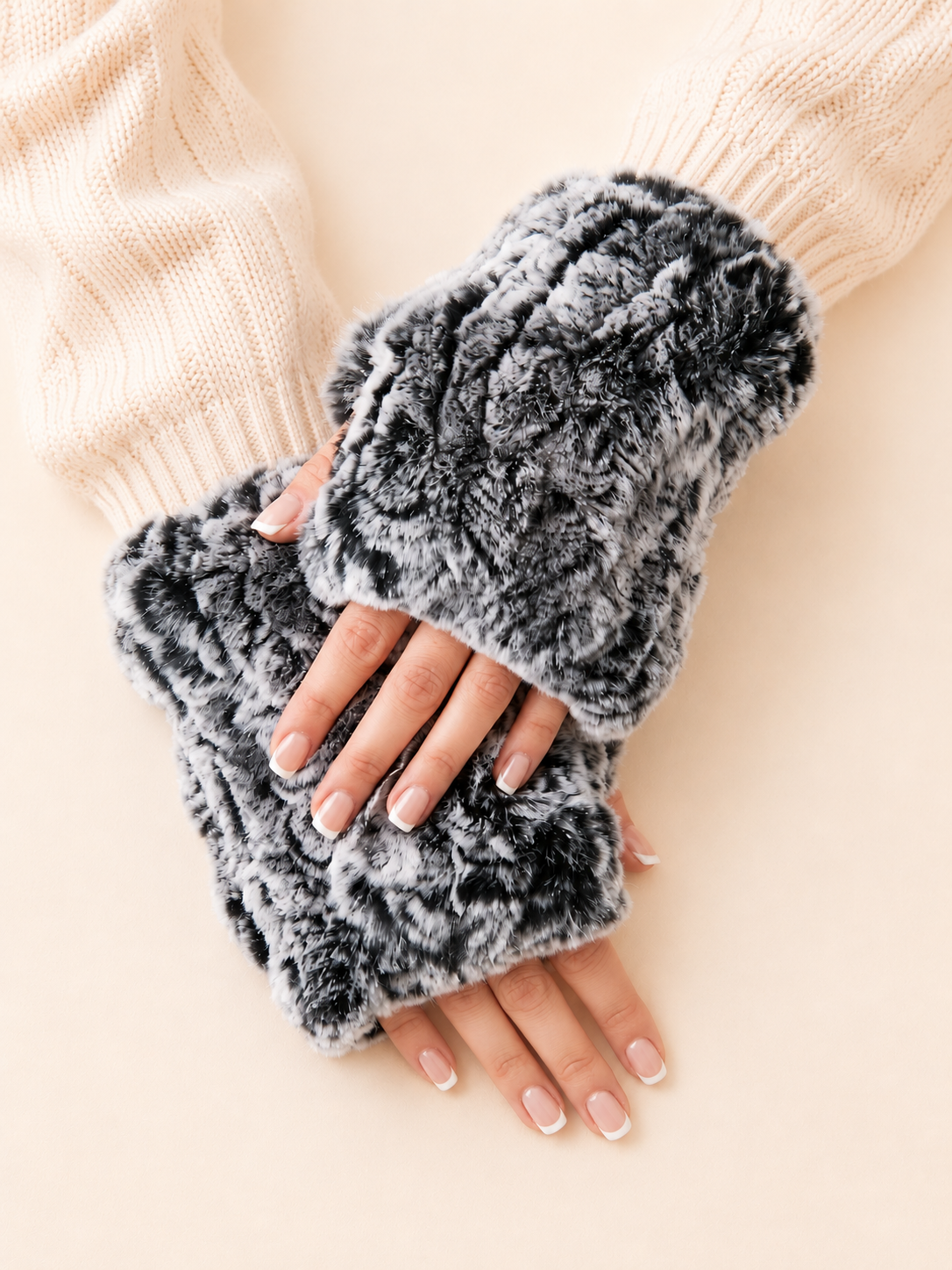 Woolsy Women's Fingerless Rex Rabbit Fur Gloves in Grey Frost — product shot #color_grey frost