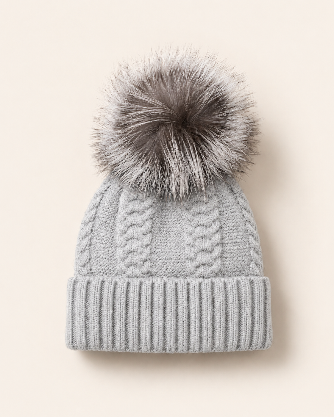 Woolsy Cashmere Wool Pompom Hat - Light Grey with Silver Fox Pompom