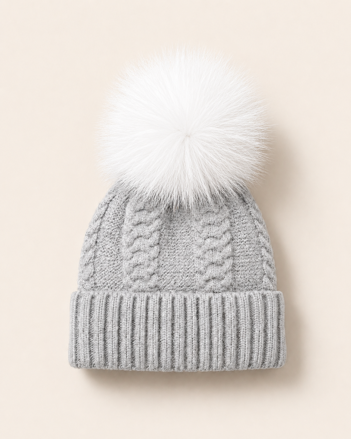 Woolsy Cashmere Wool Pompom Hat - Light Grey with White Fox Pompom