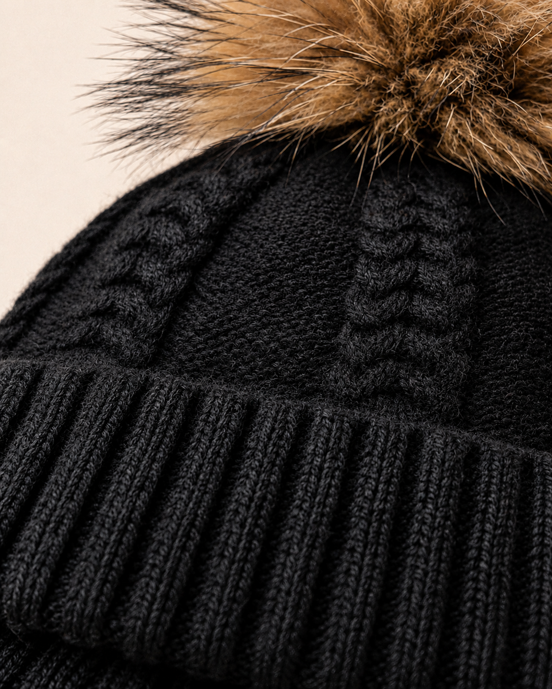 Woolsy Cashmere Wool Pompom Hat - Black with Brown Finn Pompom
