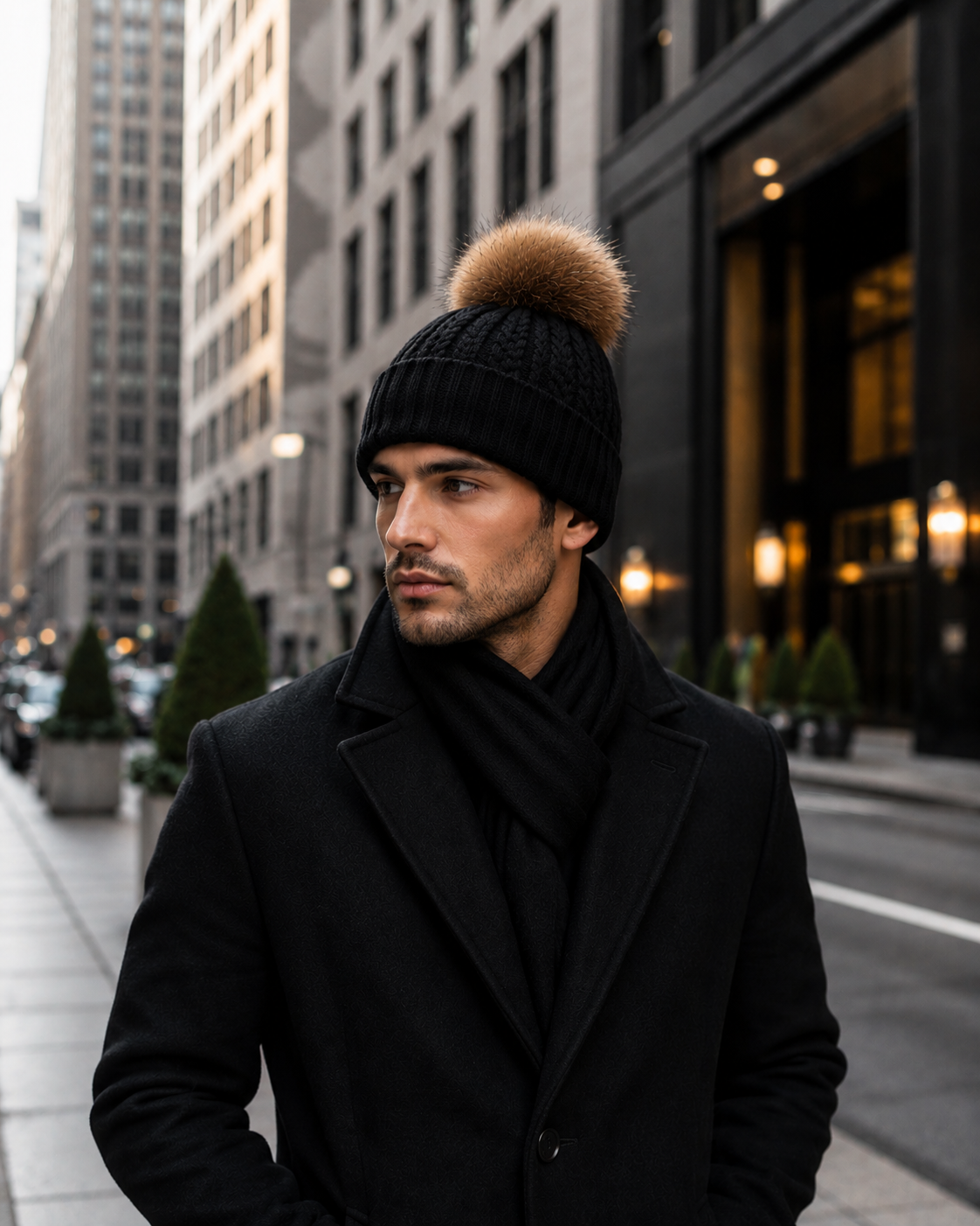 Woolsy Cashmere Wool Pompom Hat - Black with Brown Finn Pompom