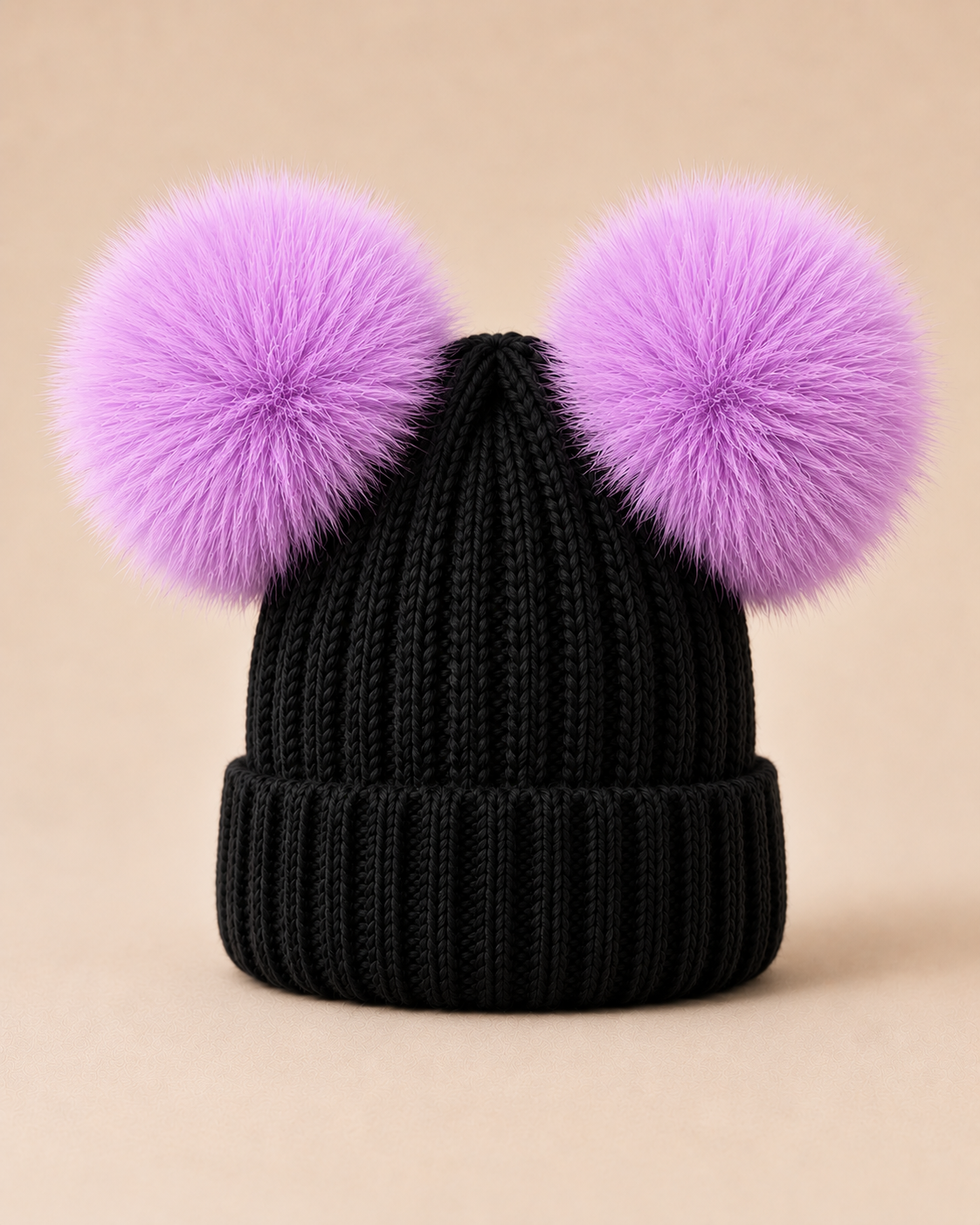 Woolsy Kids Knitted Double Pom Pom Hat - Black with Lavender Pompoms