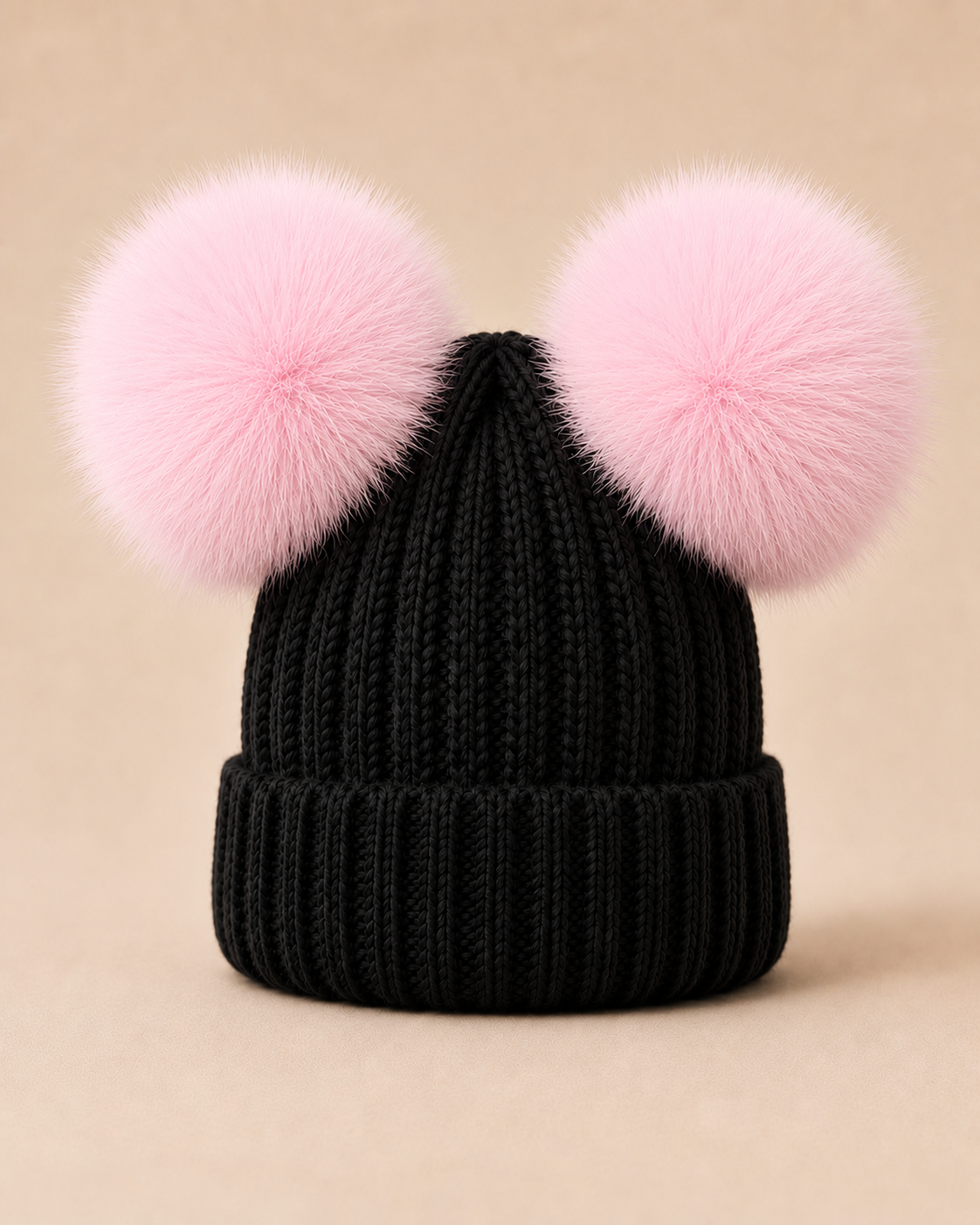 Woolsy Kids Knitted Double Pom Pom Hat - Black with Light Pink Pompoms
