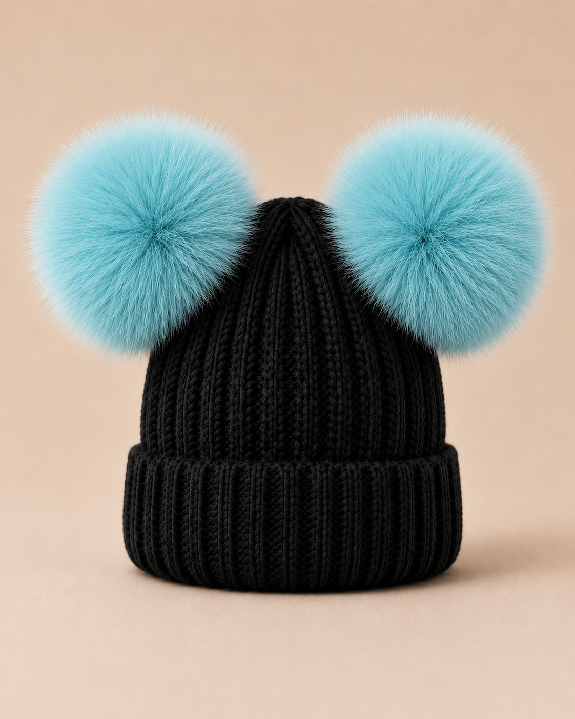 Woolsy Kids Knitted Double Pom Pom Hat - Black with Turquoise Pompoms
