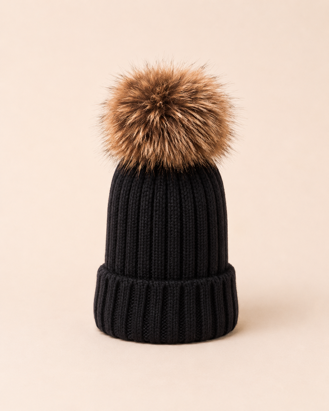 Woolsy Kids Knitted Pompom Hat - Black with Fur Pom