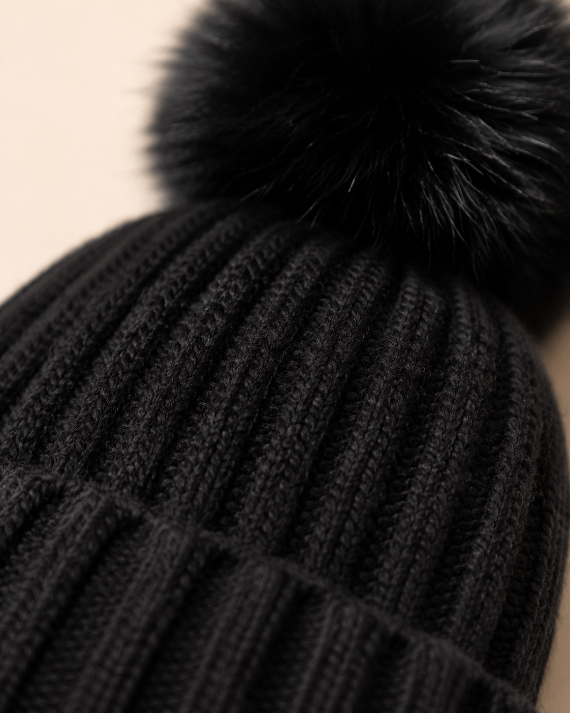 Woolsy Kids Knitted Pompom Hat - Black with Black Fox Pompom