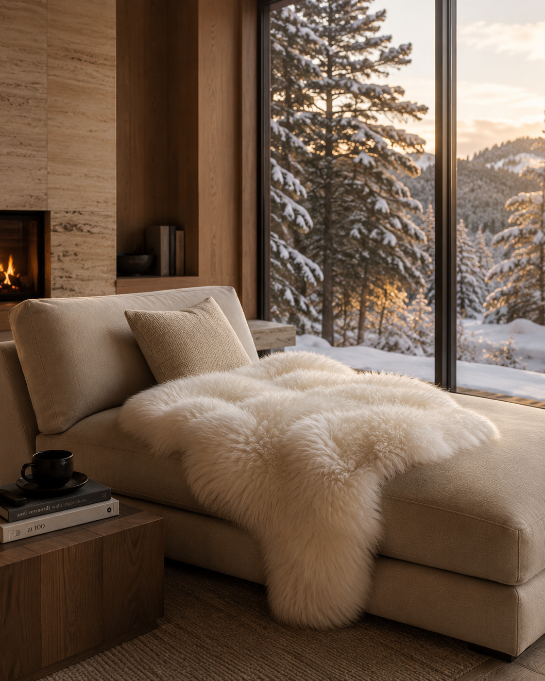 Ivory Australian sheepskin rug draped over a chaise beside a snowy window