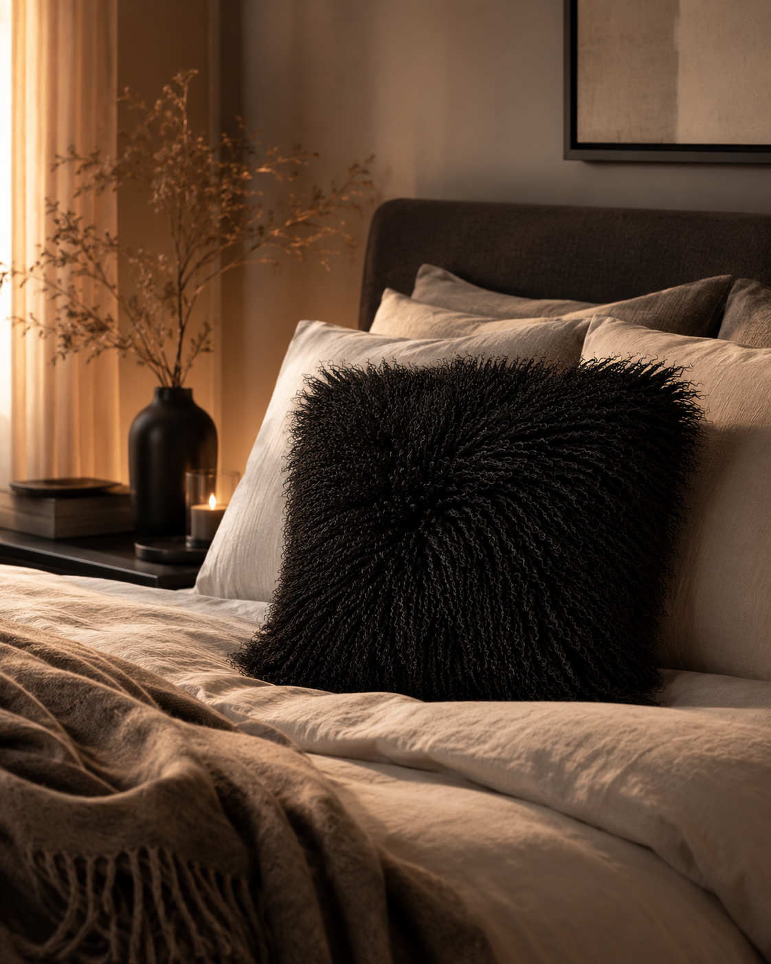 Woolsy Mongolian Sheepskin Pillow — Black