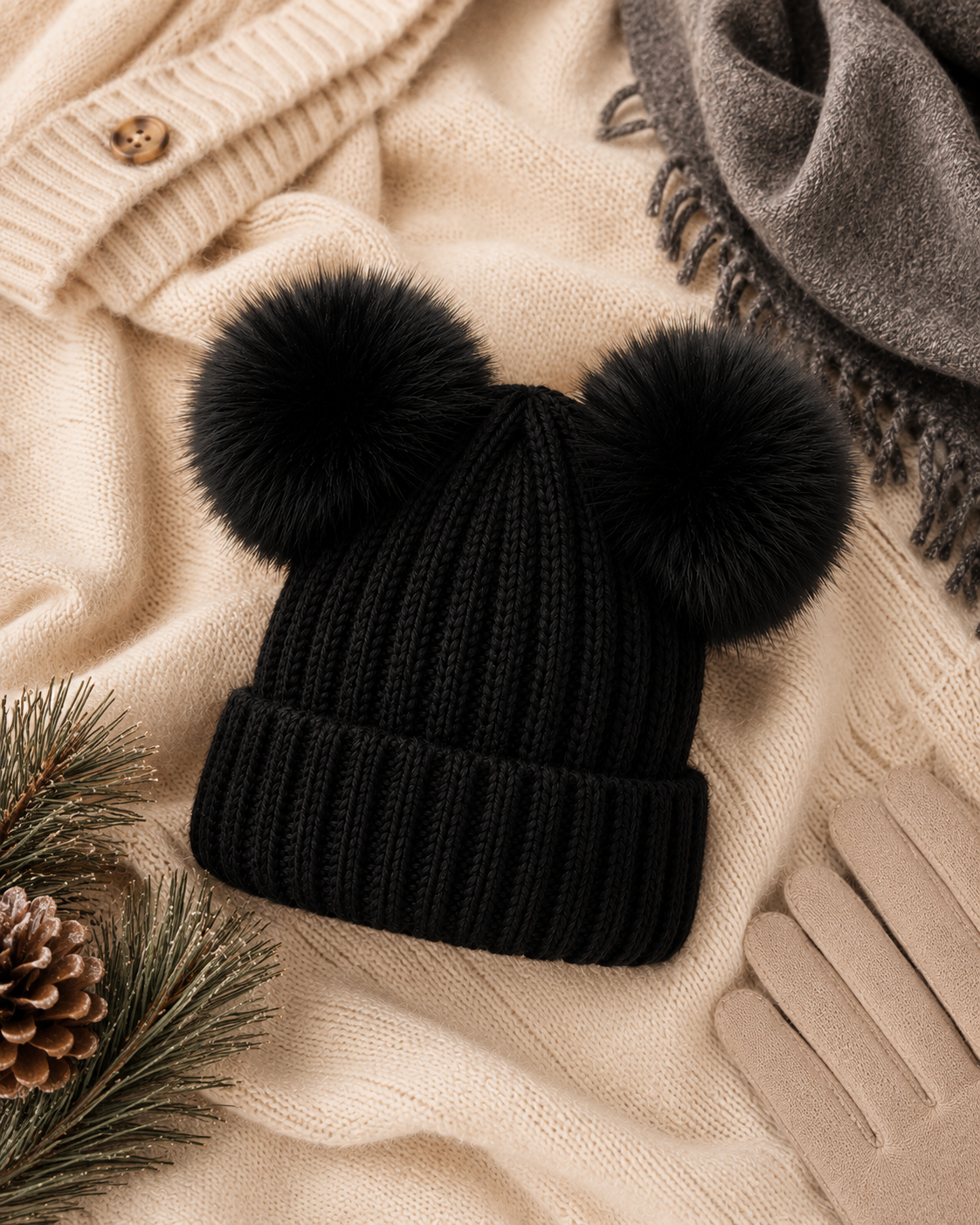 Woolsy Kids Knitted Double Pom Pom Hat - Black on Black