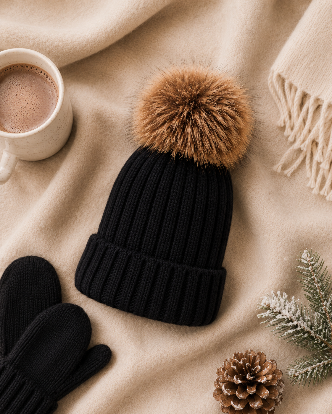 Woolsy Kids Knitted Pompom Hat - Black with Fur Pom