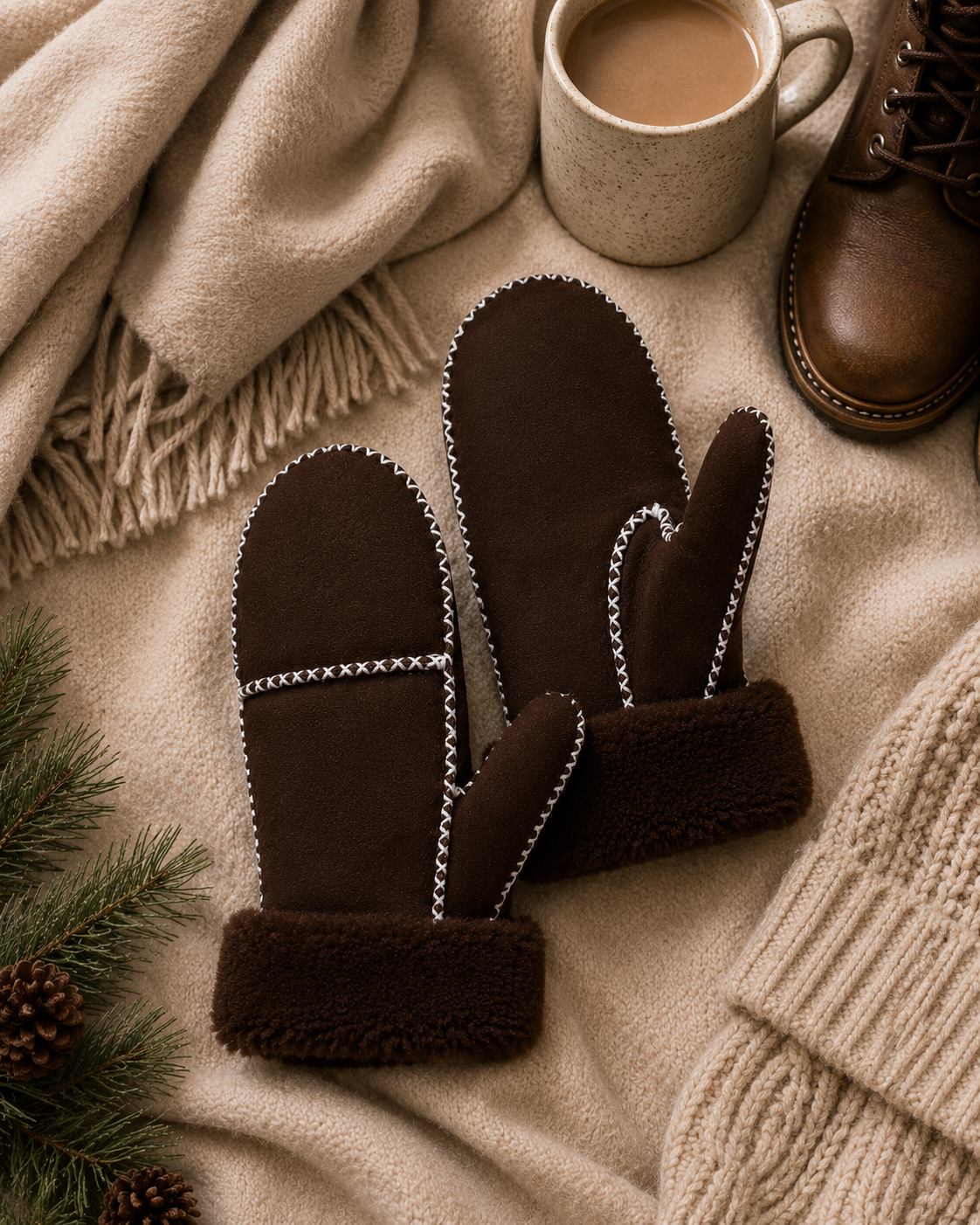 Woolsy Classic Mittens - Brown with White Stitch