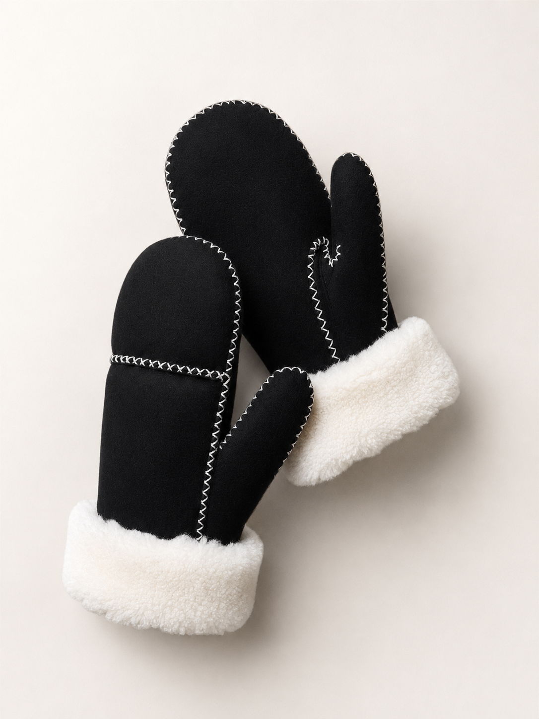 Woolsy Classic Mittens - Black / White with White Stitch