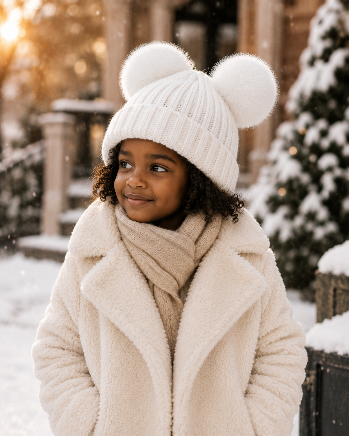 Woolsy Toddler / Kids Knitted Double Pom Pom Hat - White with White