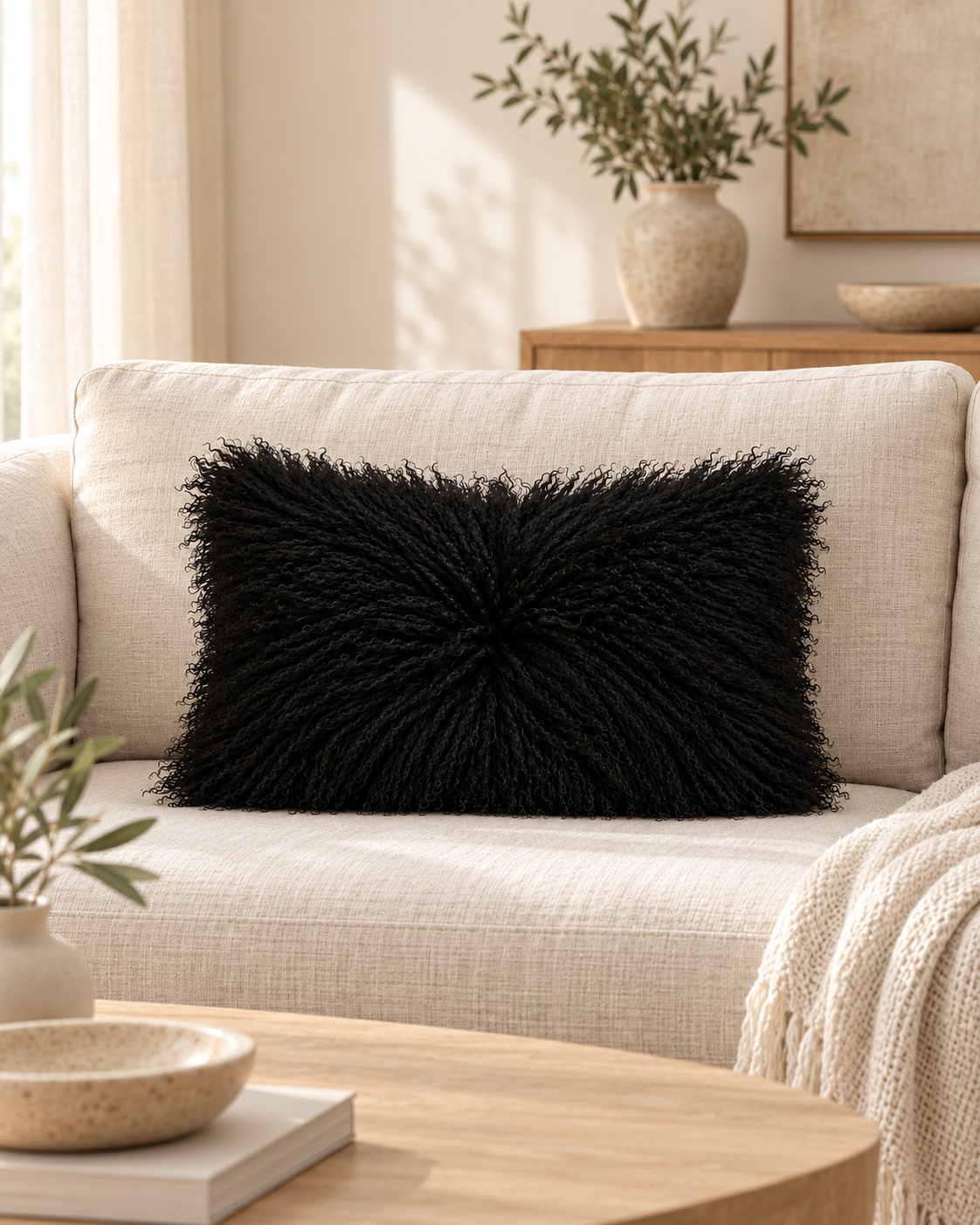Black rectangular Mongolian sheepskin cushion styled on a cream sofa