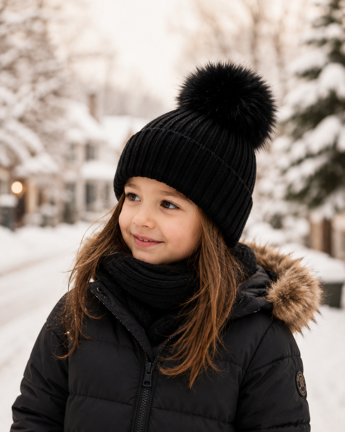 Woolsy Kids Knitted Pompom Hat - Black with Black Fox Pompom