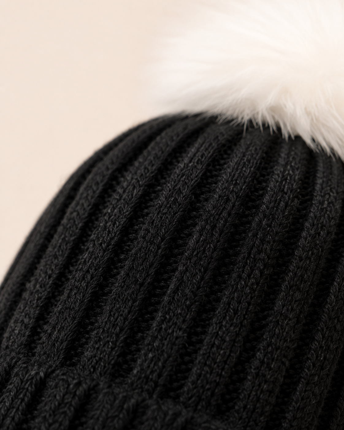 Woolsy Knitted Pompom Hat - Black with White Fox Pompom