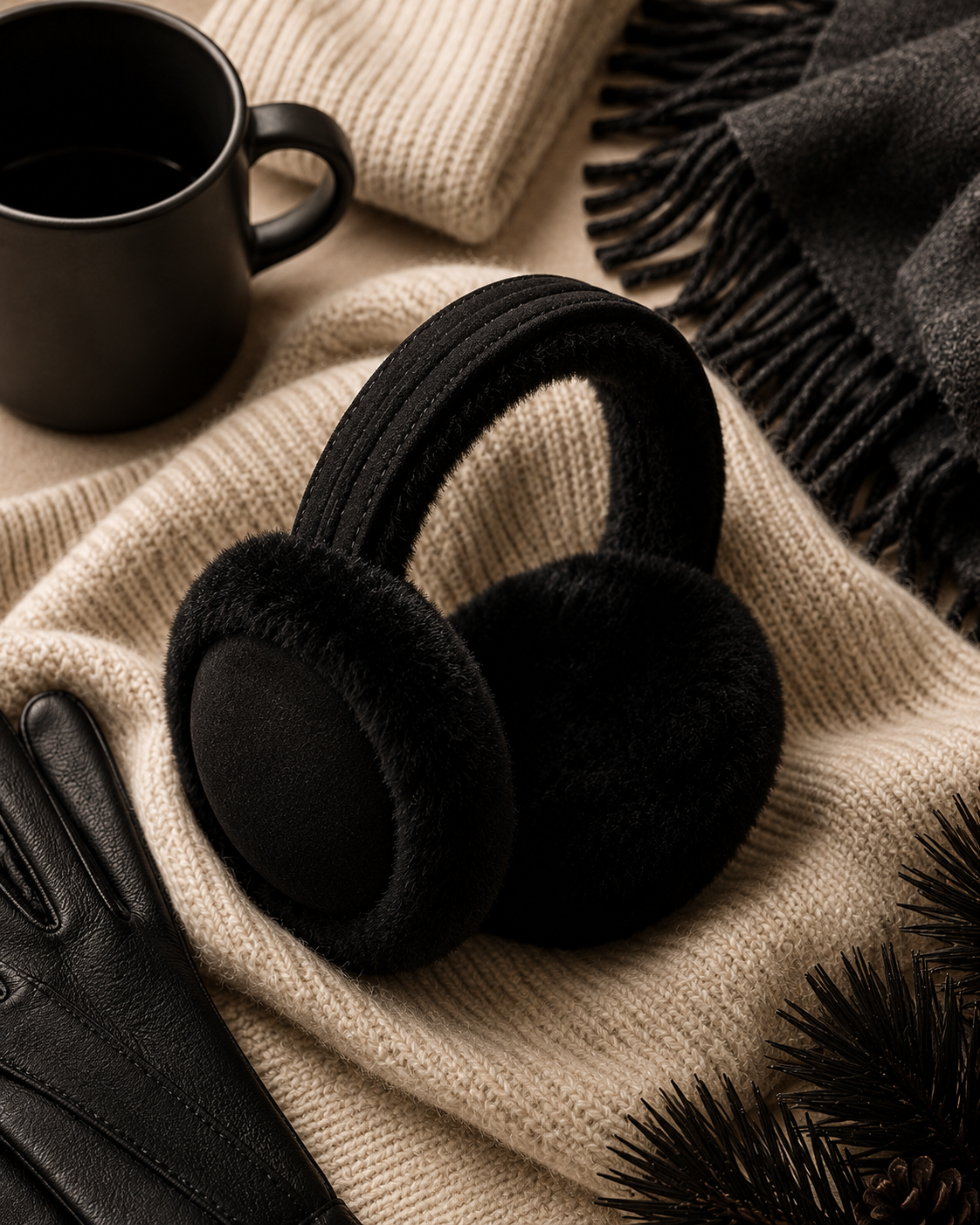 Woolsy Shearling Embroidery Earmuffs - Black