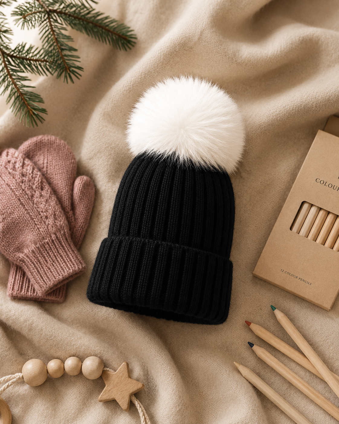 Woolsy Knitted Pompom Hat - Black with White Fox Pompom