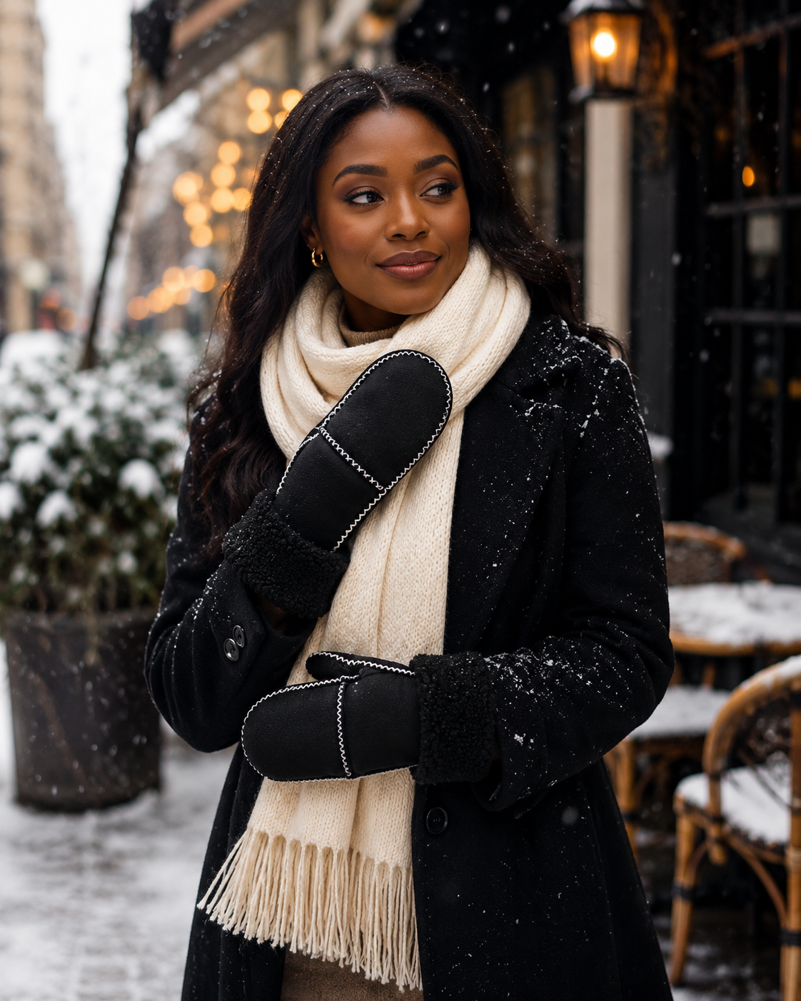 Woolsy Classic Mittens - Black / Black with White Stitch