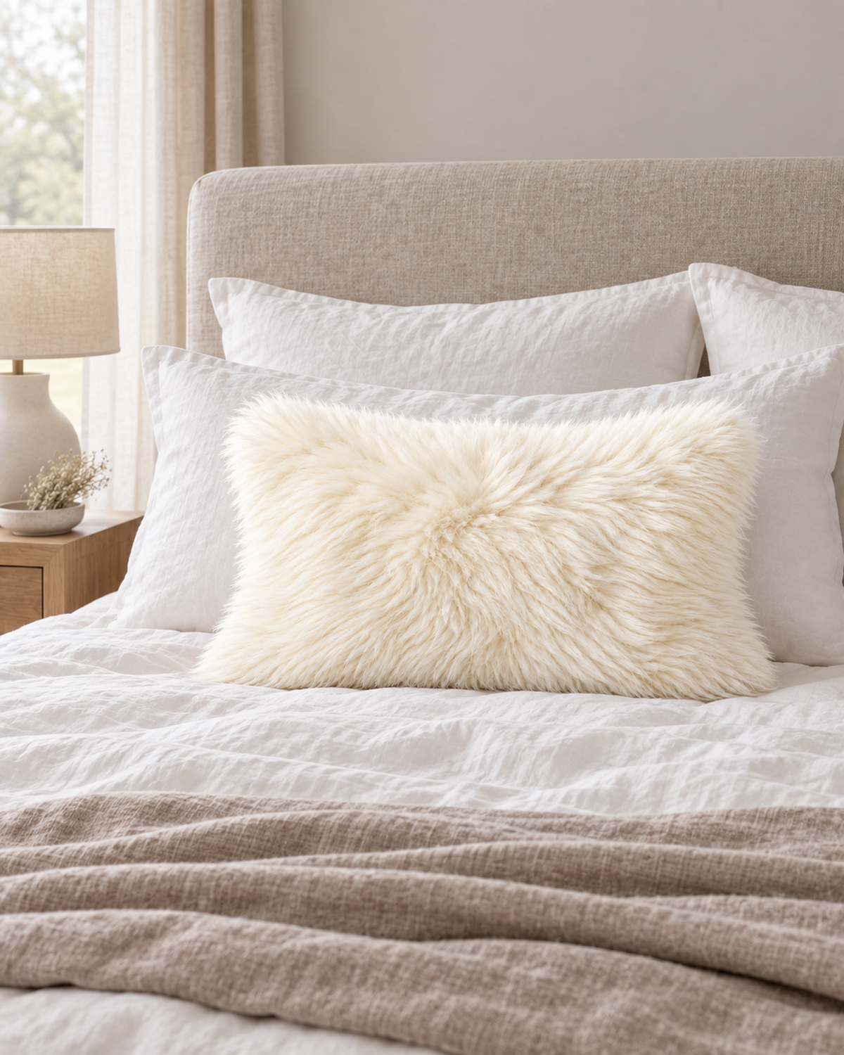 Ivory Australian sheepskin cushion, 12 x 20 inches, styled on a bed