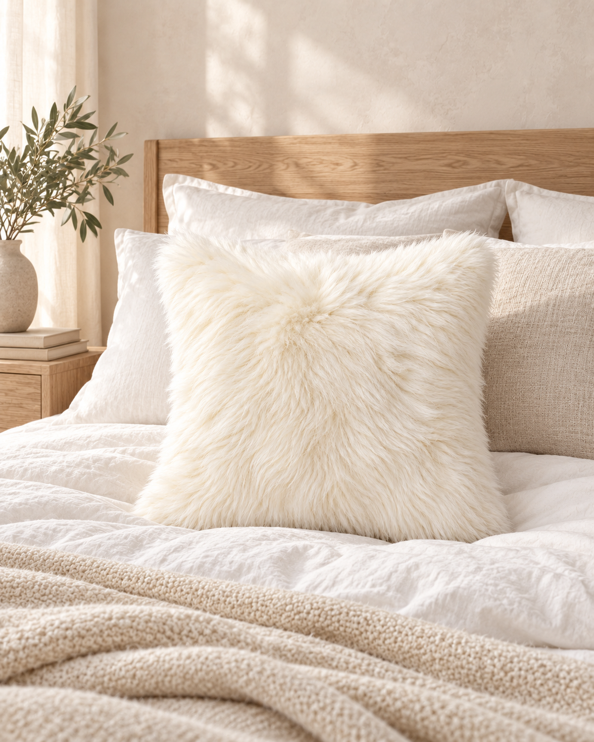 Ivory Australian sheepskin cushion, 16 x 16 inches, styled on a bed