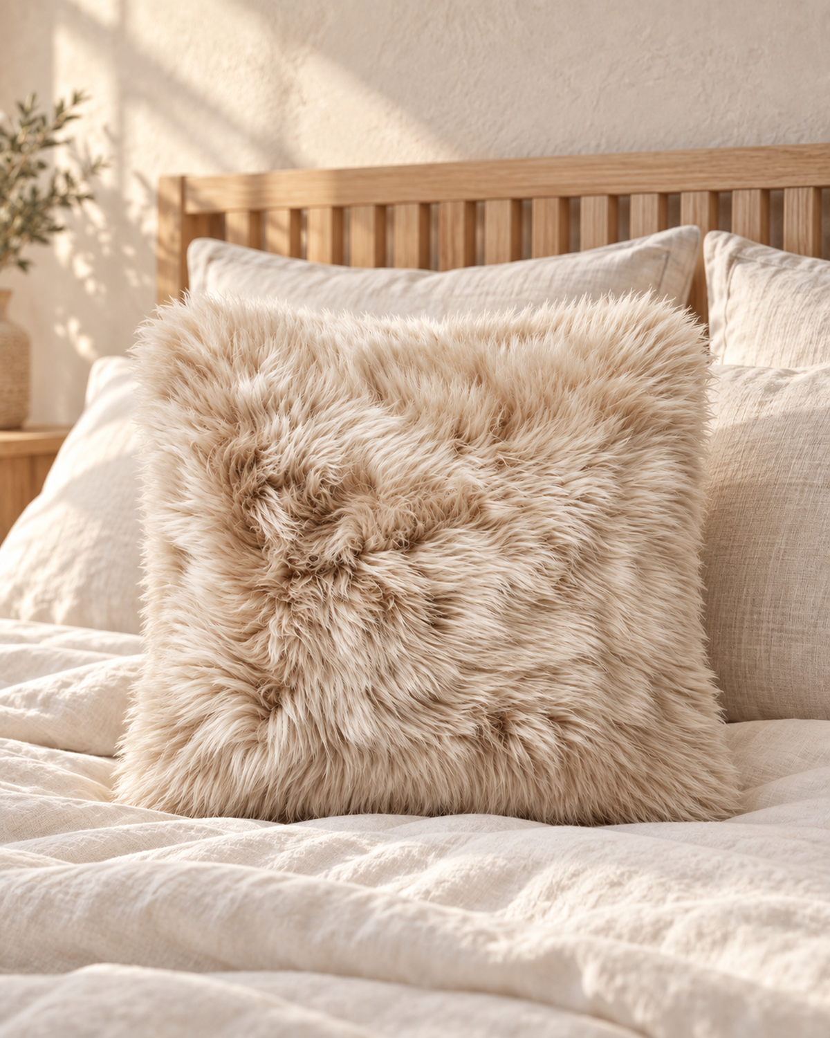 Oat Australian sheepskin cushion, 16 x 16 inches, styled on a bed