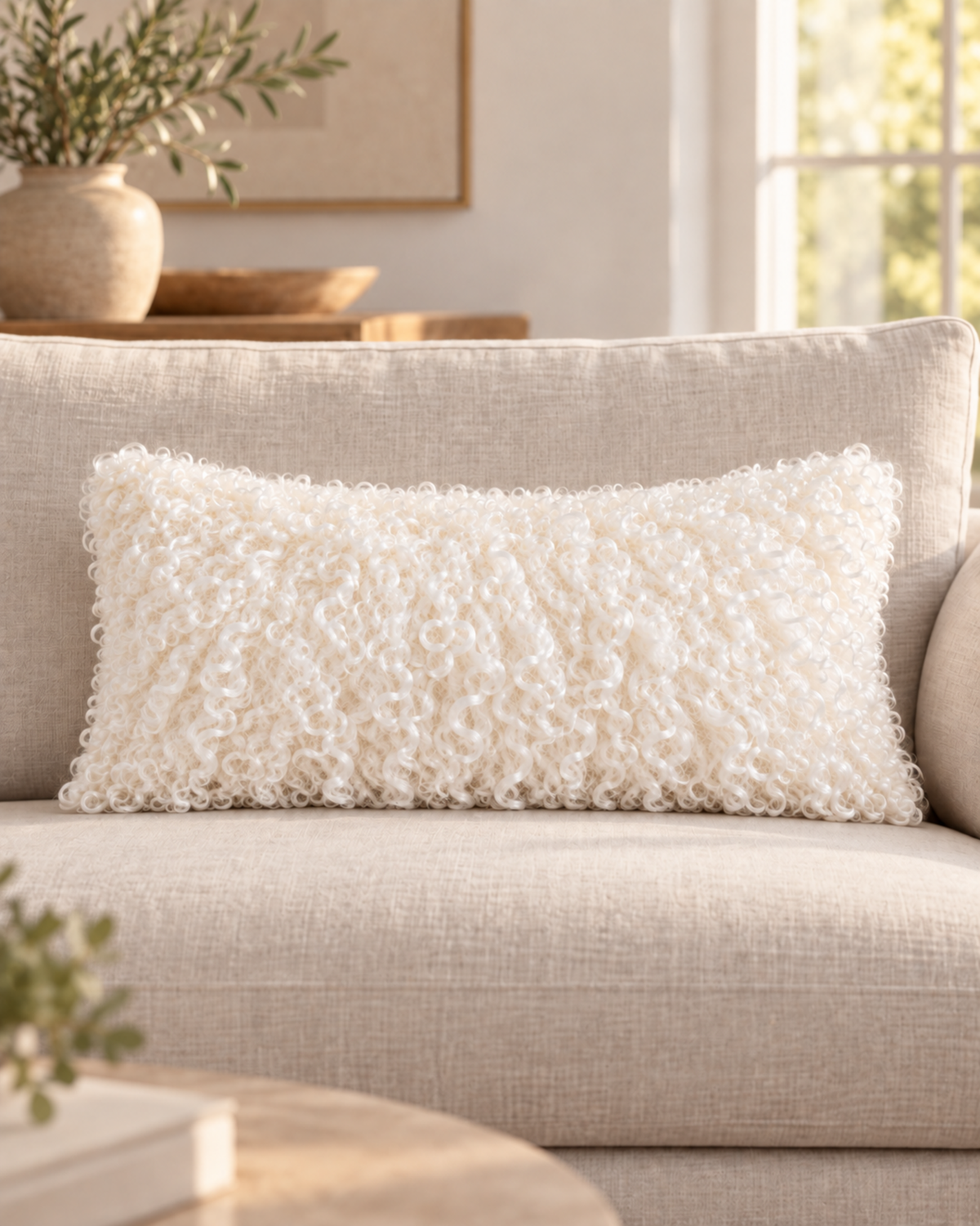 Woolsy ivory Mongolian sheepskin cushion, 12 x 20 colour-matched lifestyle shot