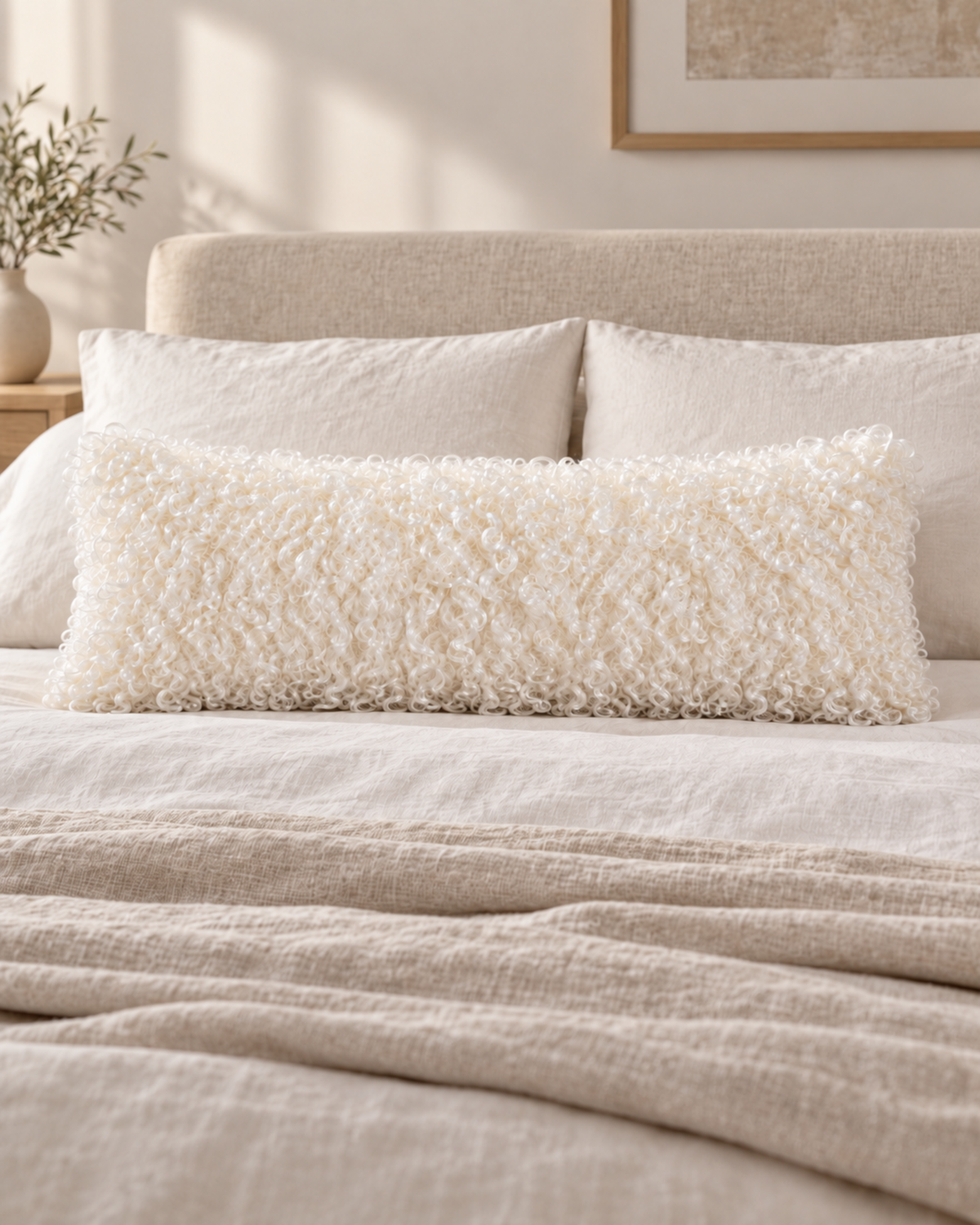 Woolsy ivory Mongolian sheepskin cushion, 12 x 32 colour-matched lifestyle shot