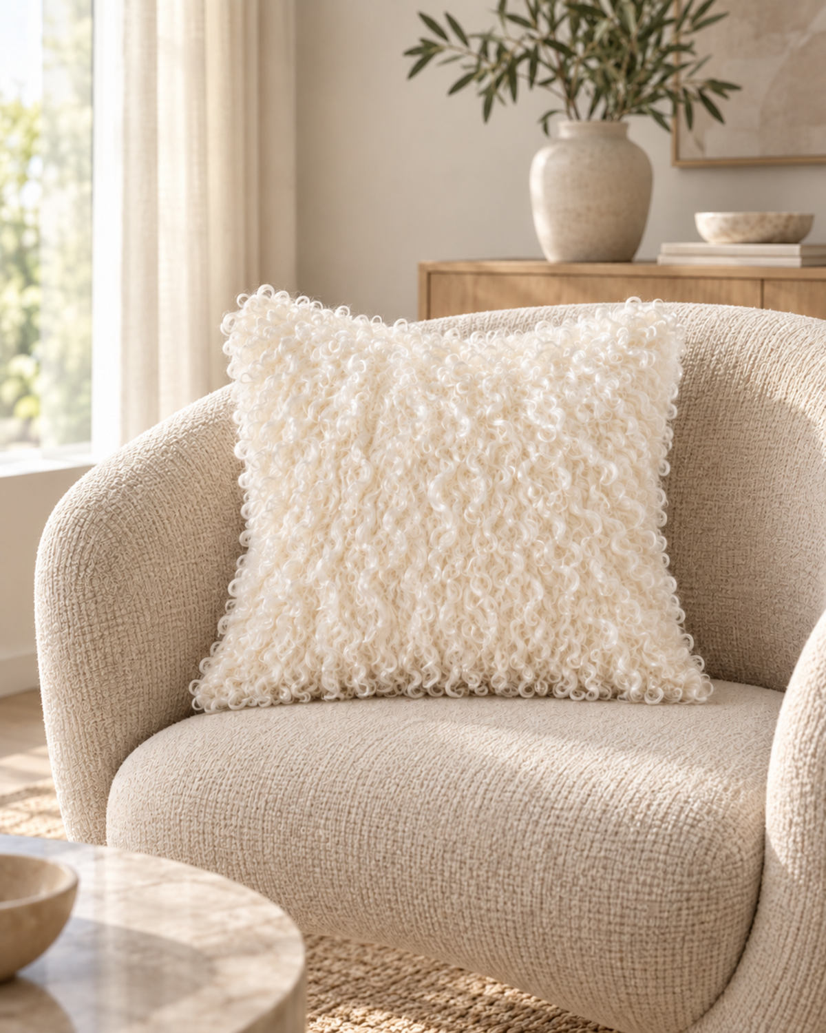 Woolsy ivory Mongolian sheepskin cushion, 16 x 16 colour-matched lifestyle shot