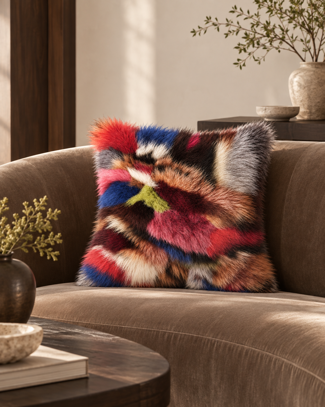 Multicolour fox fur cushion on taupe sofa
