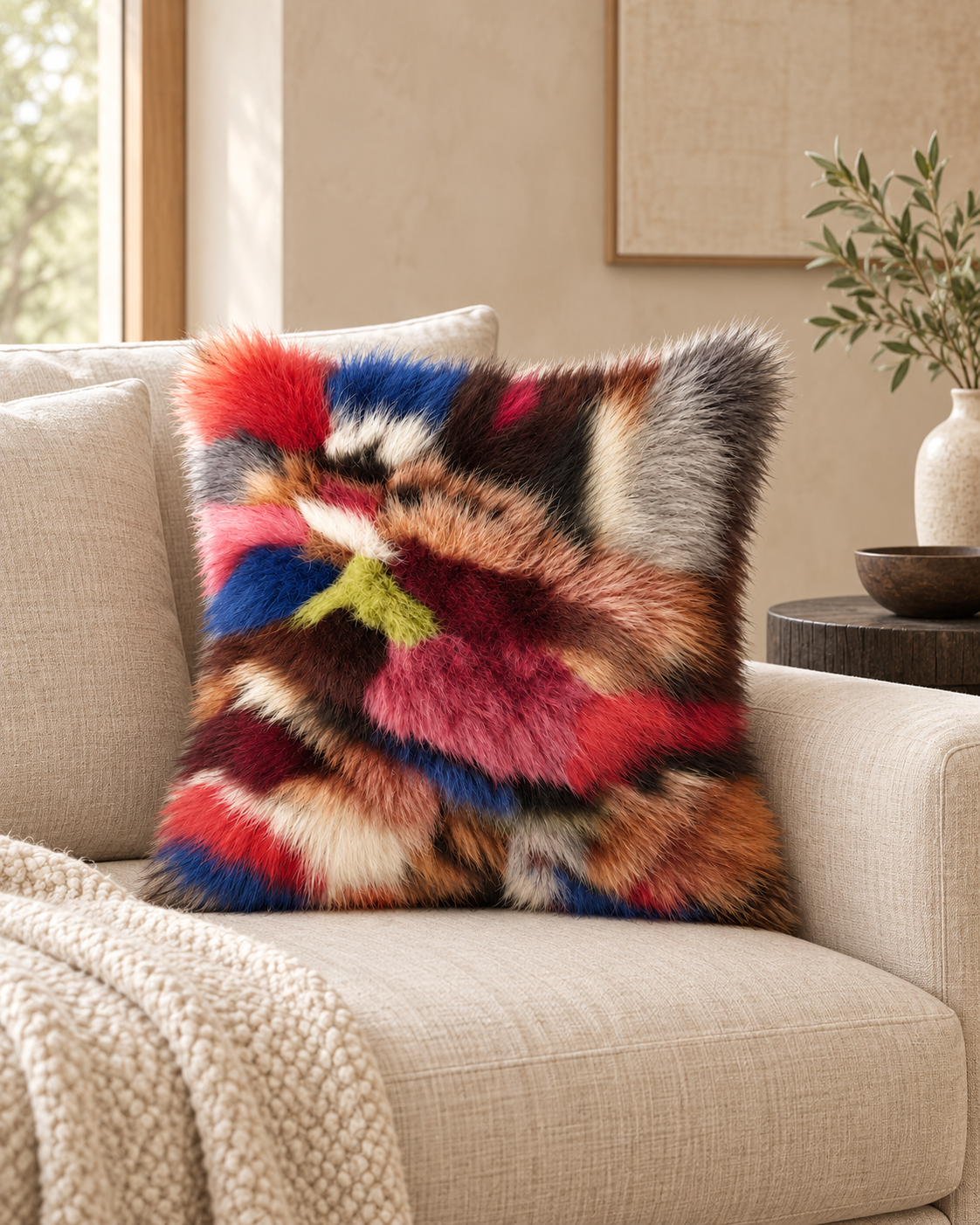 Multicolour fox fur cushion on oatmeal linen sofa