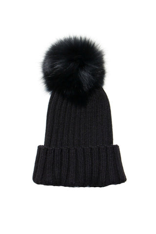 Woolsy Knitted Pompom Hat - Black with Black Fox Pompom