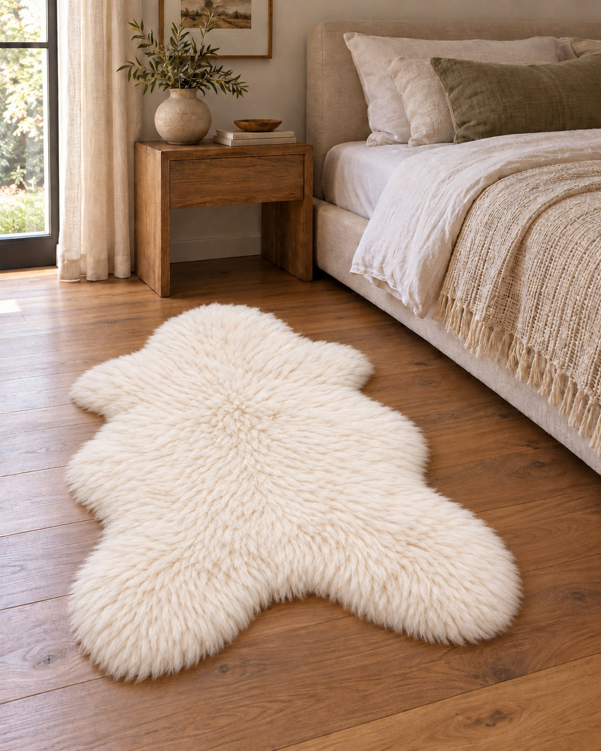 Woolsy Ivory single-pelt Australian sheepskin rug beside a bed