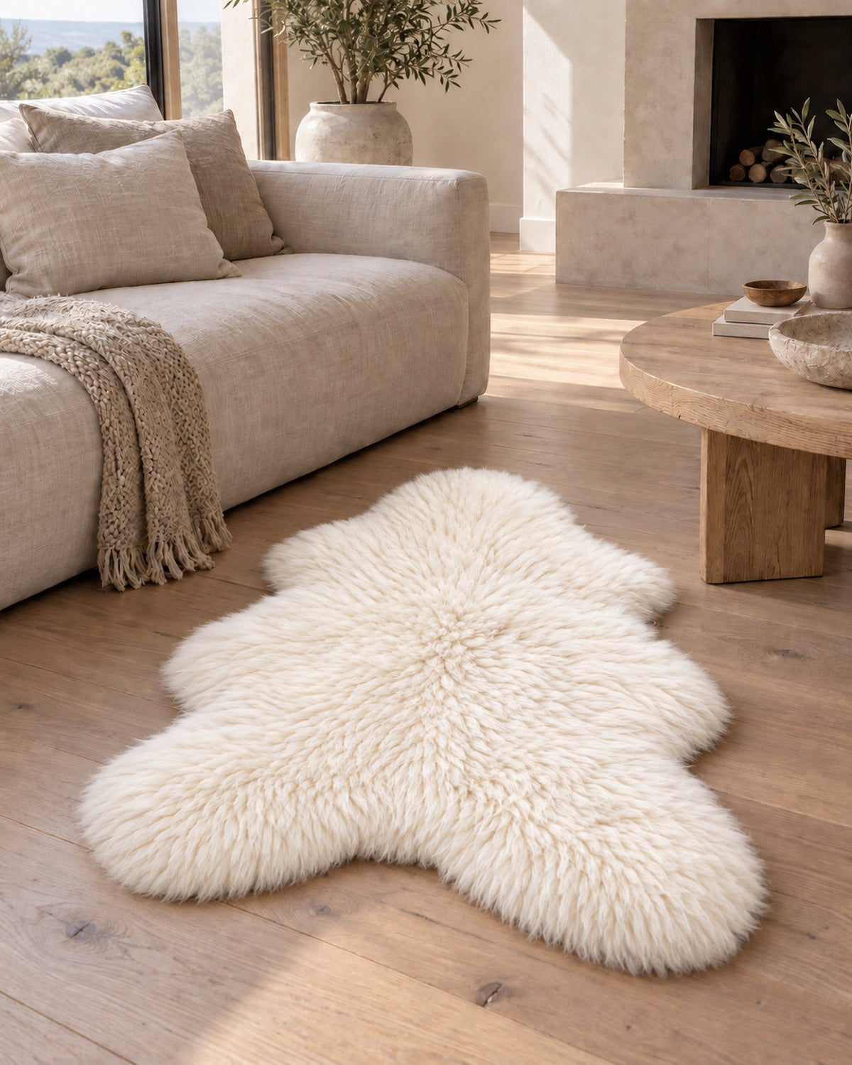 Woolsy Ivory single-pelt Australian sheepskin rug beside a linen sofa