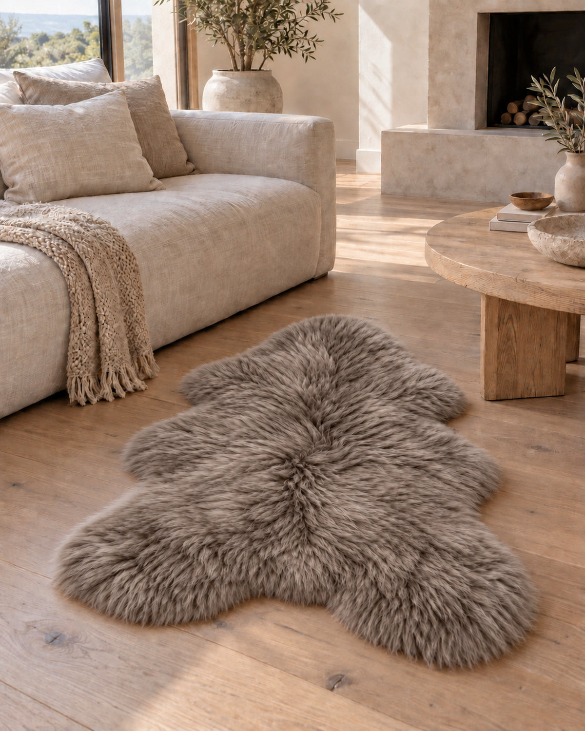 Woolsy Mocha single-pelt Australian sheepskin rug in a living room