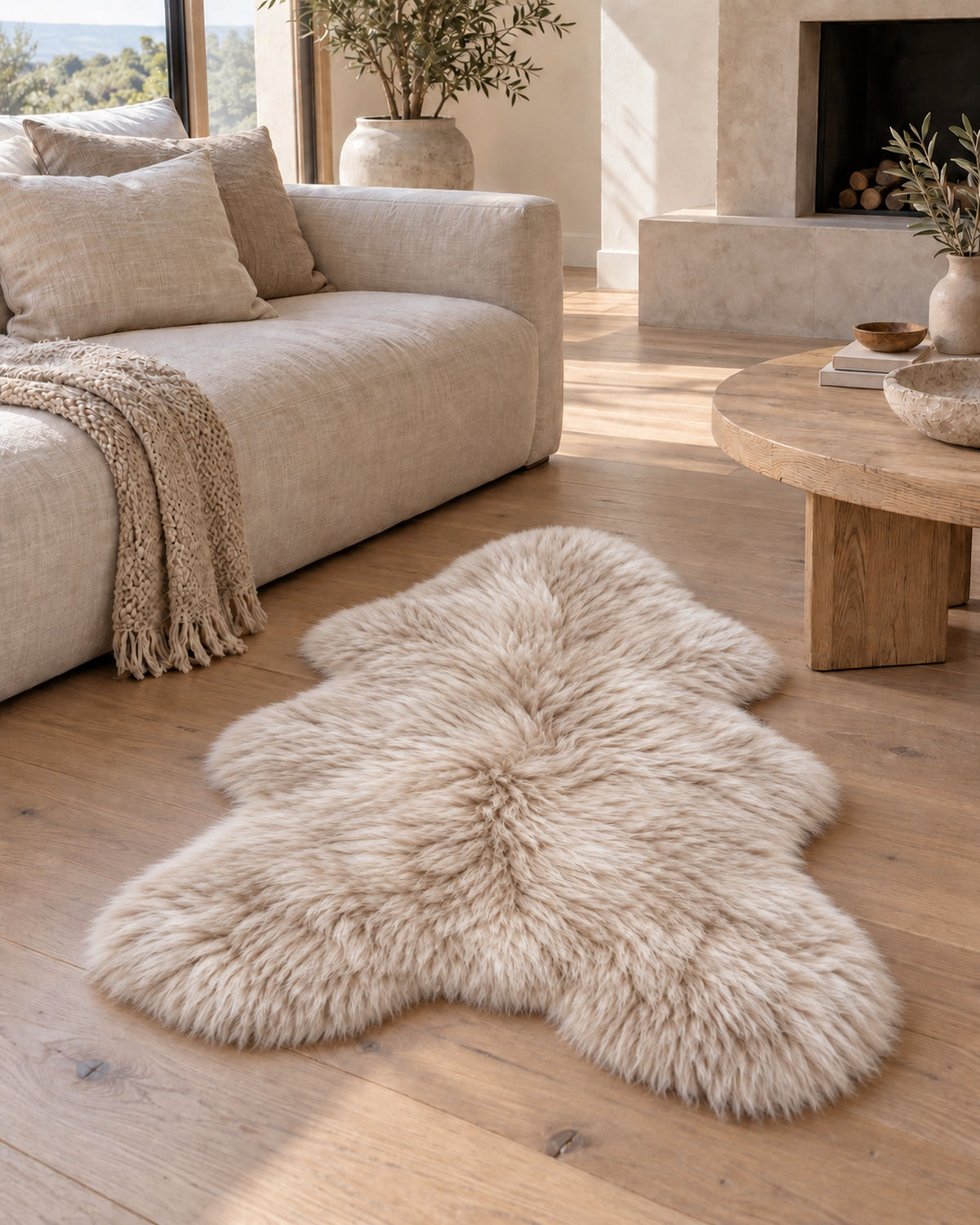 Woolsy Oat single-pelt Australian sheepskin rug in a living room