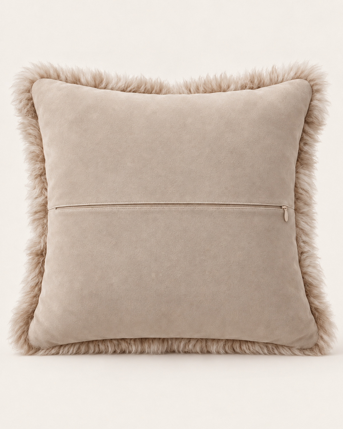 Woolsy Australian sheepskin cushion in Oat, 16 x 16 inches, polysuede back with centre zipper