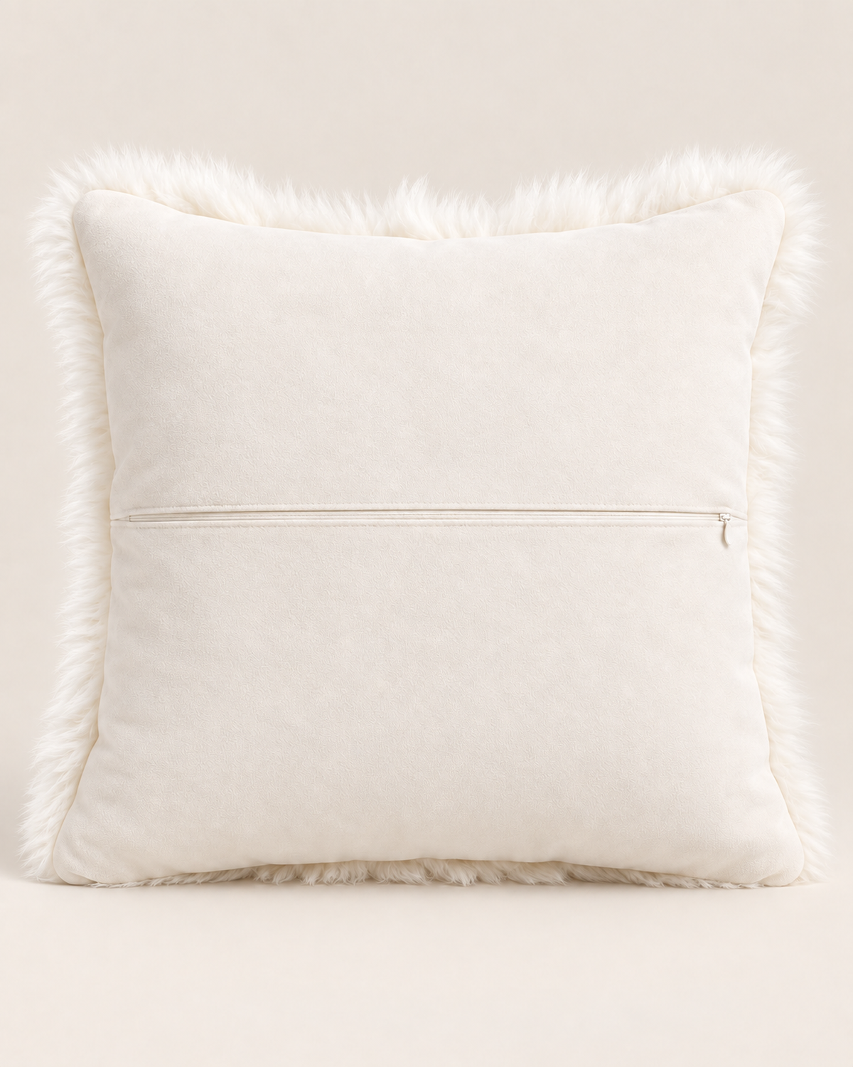 Ivory polysuede back of Australian sheepskin cushion with centre zipper