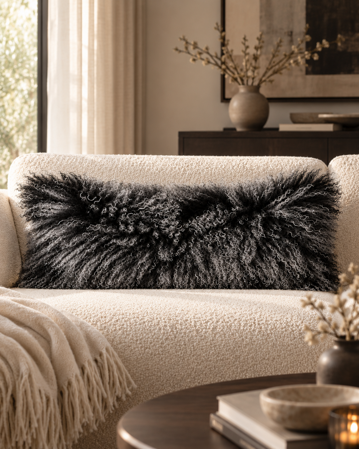 Black Snow Top Mongolian sheepskin cushion 12 x 32 inch on a cream sofa