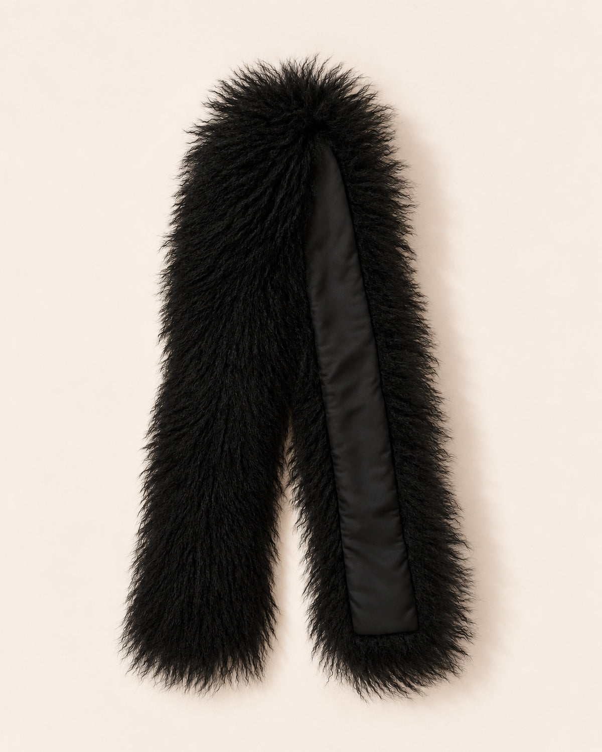 Woolsy Black Tibet wool scarf full product view on warm beige studio background