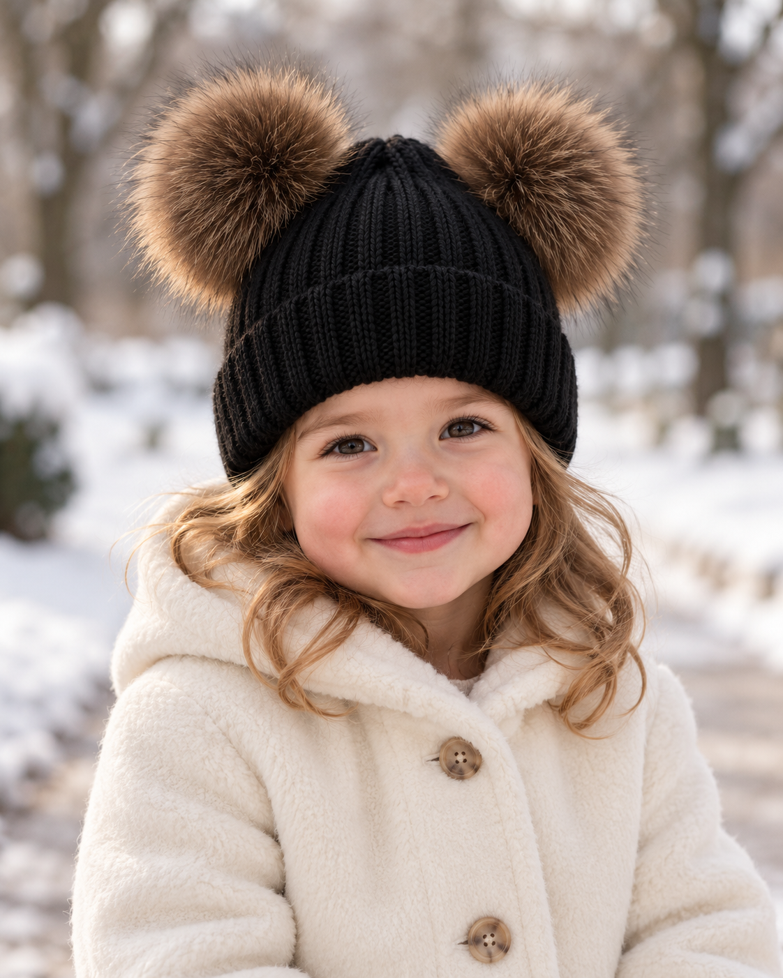 Child wearing Woolsy black knitted double pompom hat with brown fur pompoms outdoors in winter